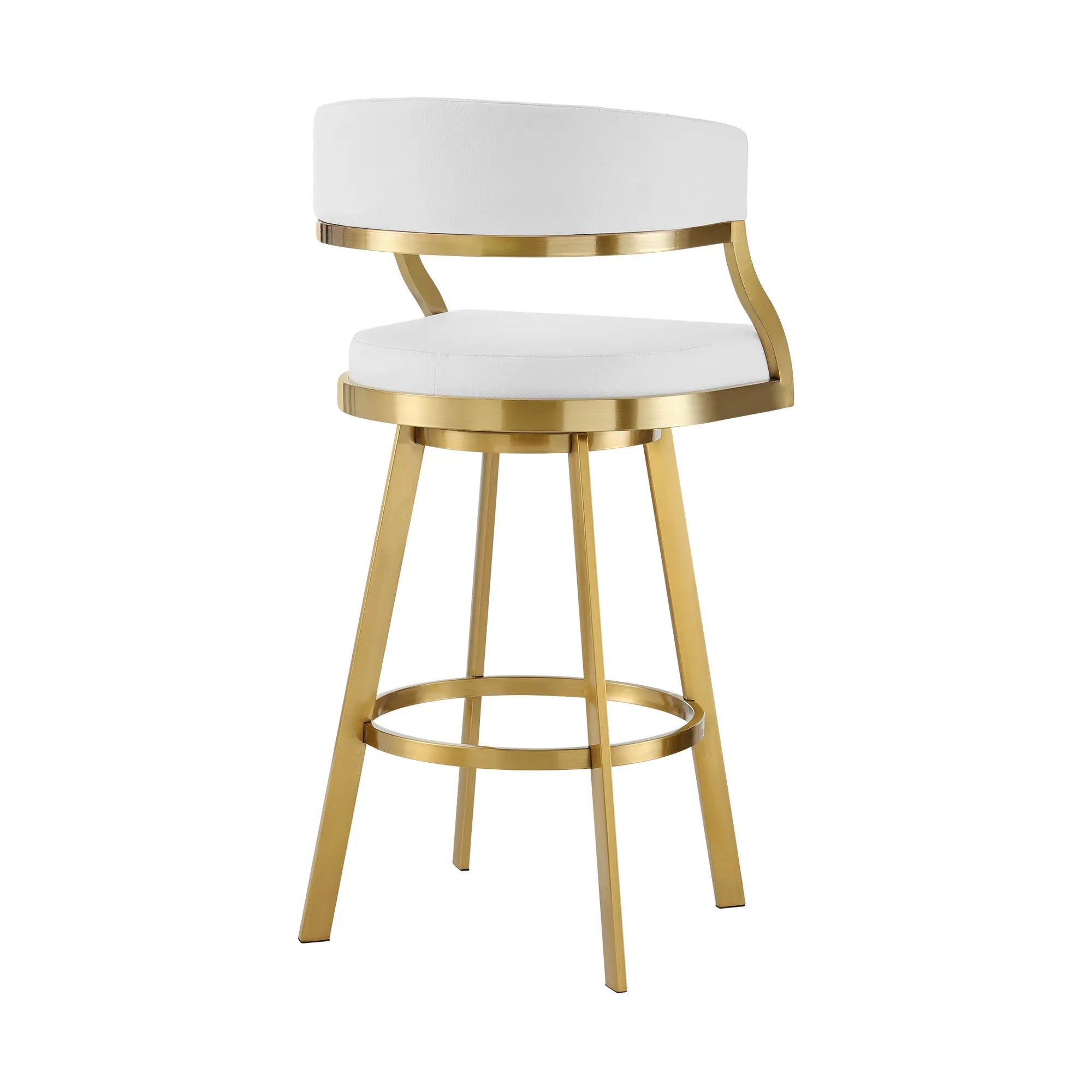 26" White and Gold Faux Leather and Stainless Steel Low Back Counter Height Swivel Bar Chair Homeroots Living Room