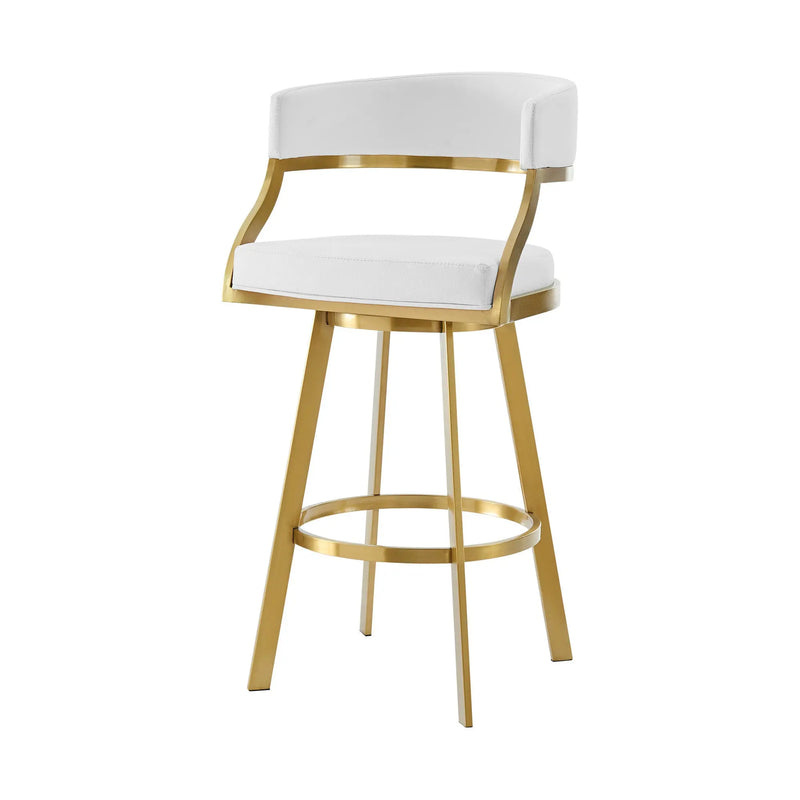 26" White and Gold Faux Leather and Stainless Steel Low Back Counter Height Swivel Bar Chair Homeroots Living Room
