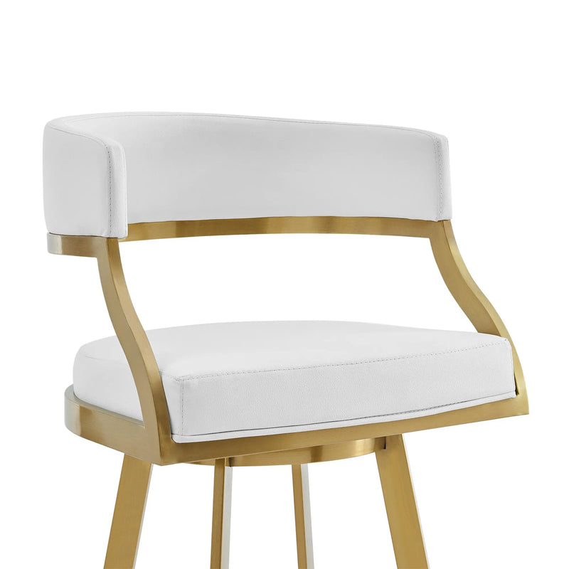 26" White and Gold Faux Leather and Stainless Steel Low Back Counter Height Swivel Bar Chair Homeroots Living Room