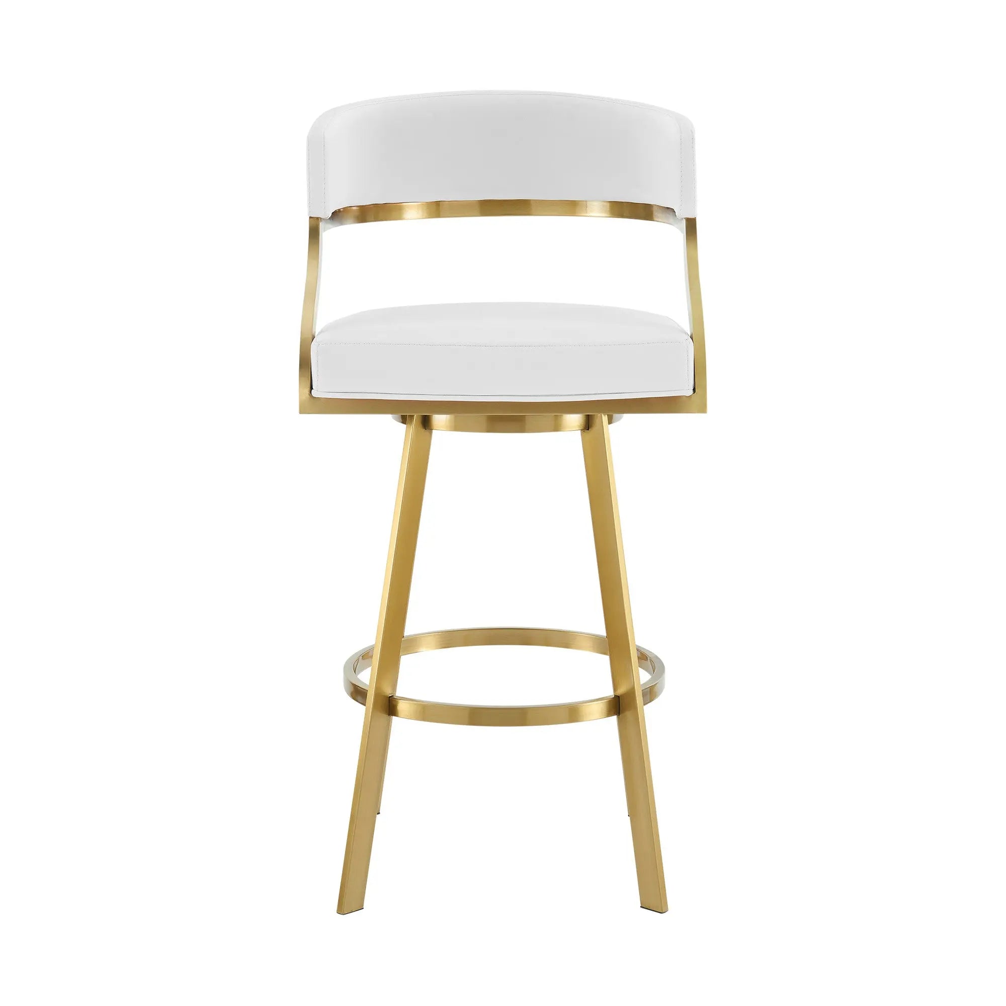 26" White and Gold Faux Leather and Stainless Steel Low Back Counter Height Swivel Bar Chair Homeroots Living Room