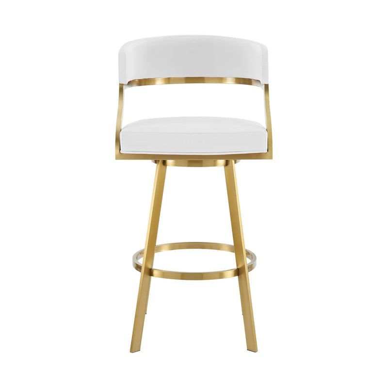 26" White and Gold Faux Leather and Stainless Steel Low Back Counter Height Swivel Bar Chair Homeroots Living Room