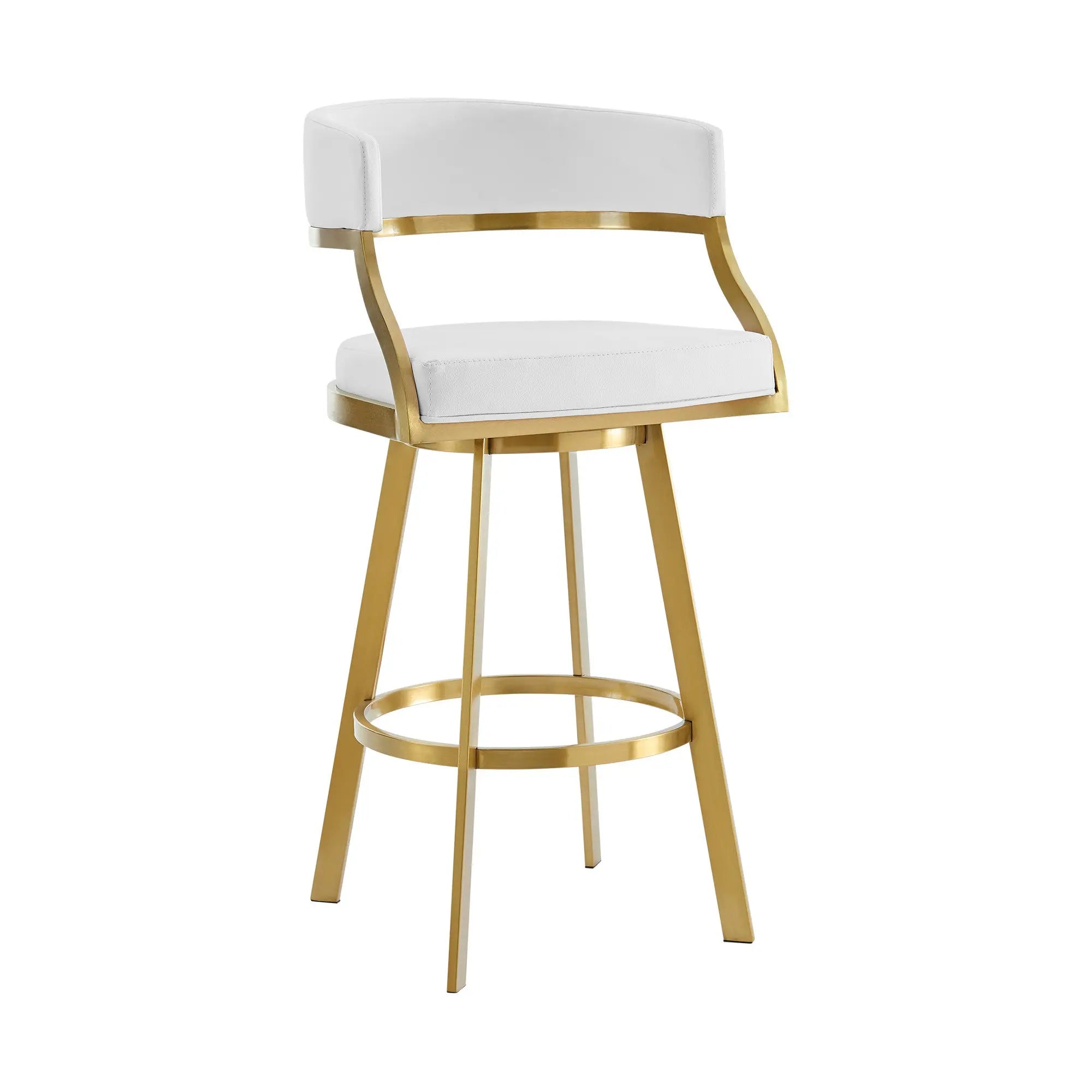 26" White and Gold Faux Leather and Stainless Steel Low Back Counter Height Swivel Bar Chair Homeroots Living Room