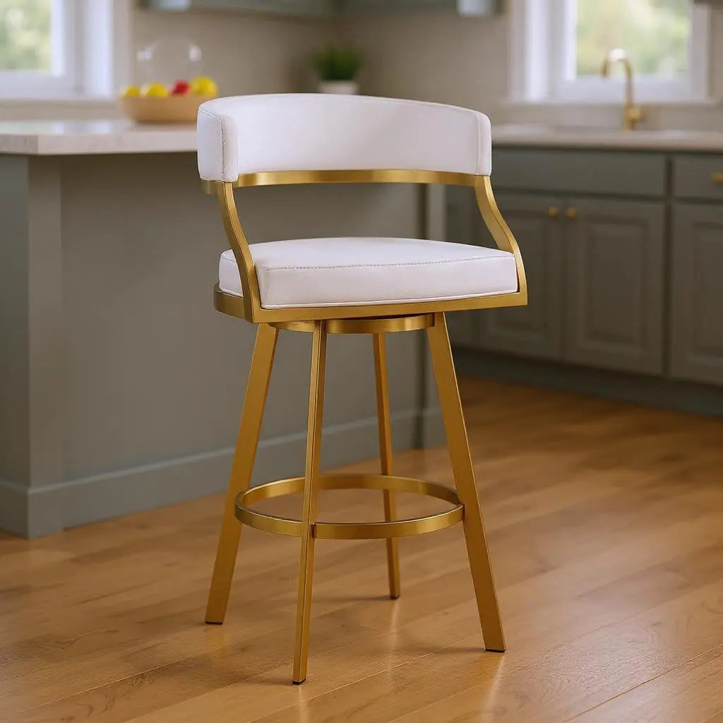 26" White and Gold Faux Leather and Stainless Steel Low Back Counter Height Swivel Bar Chair Homeroots Living Room