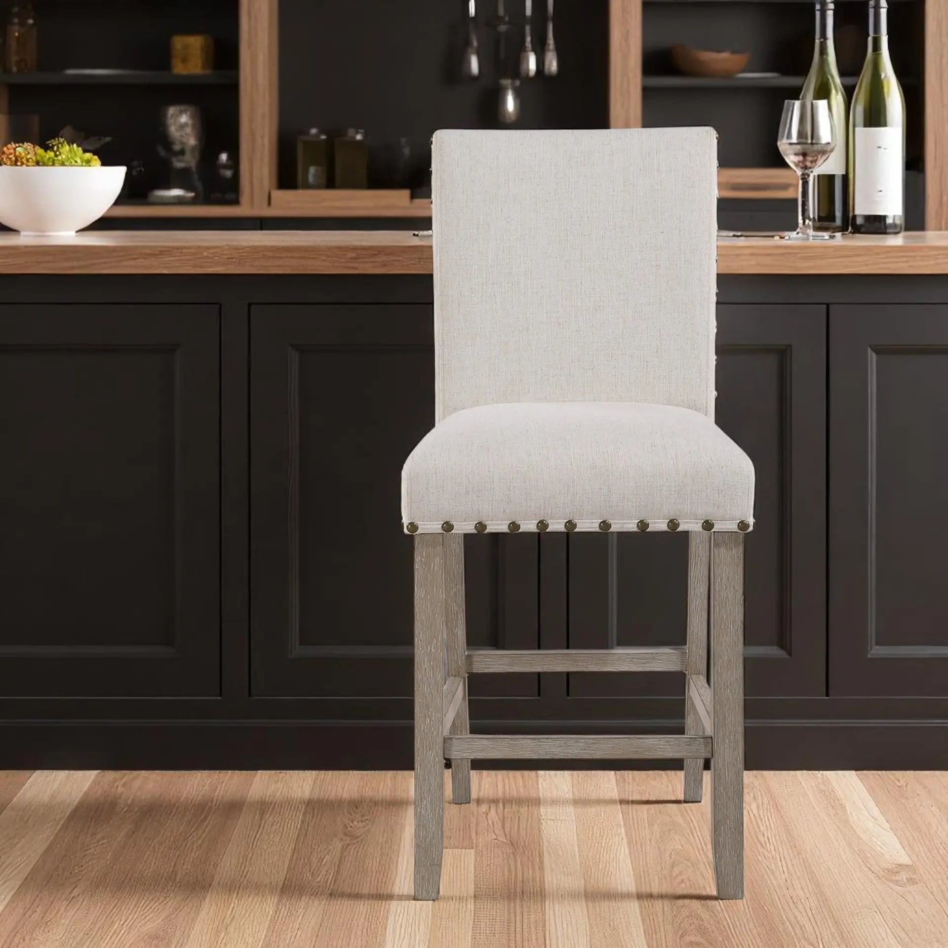 26" White and Natural Wood and Fabric Counter Height Bar Chair Homeroots Living Room