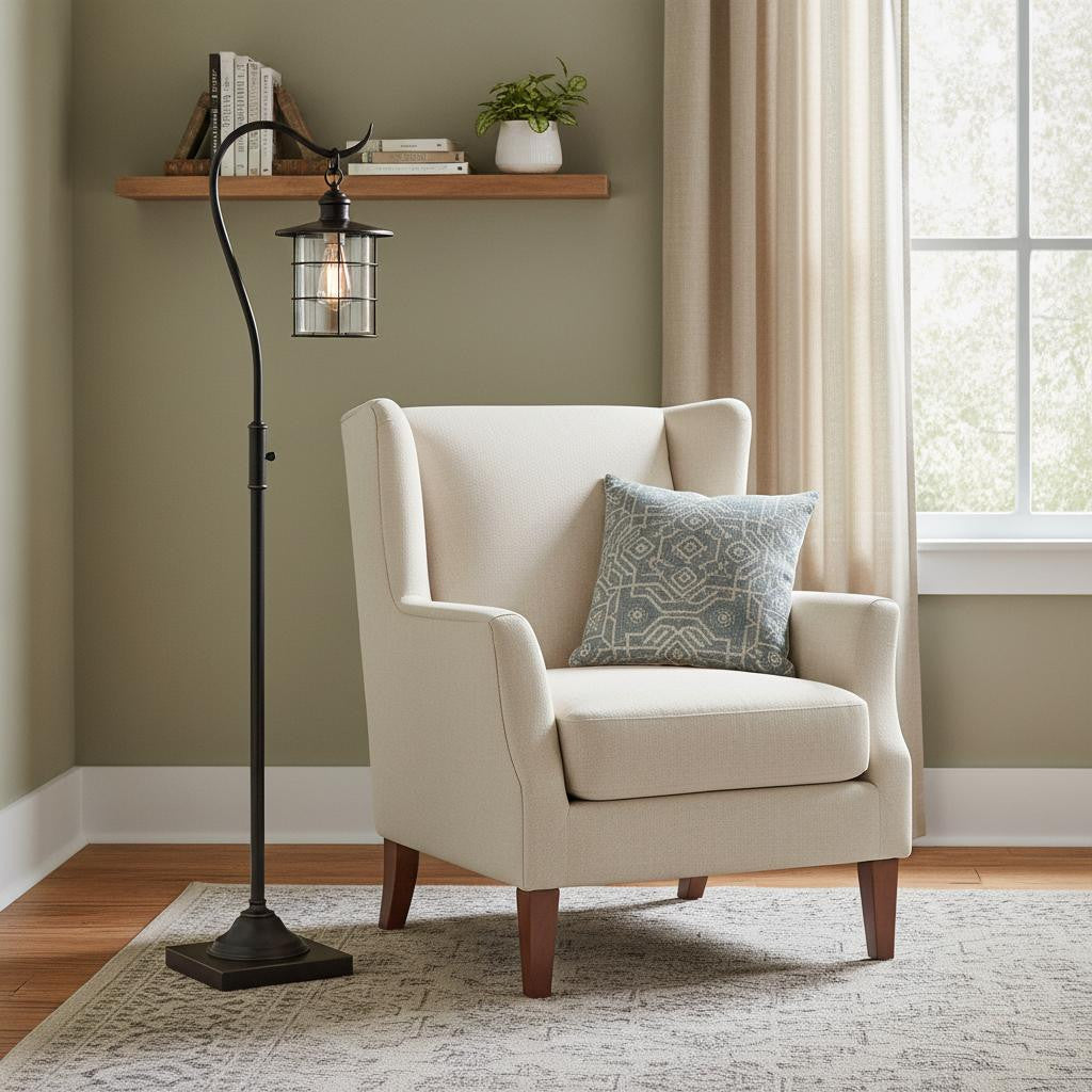 Cream fabric accent chair with tapered wood legs and a decorative blue geometric pillow in a cozy living room setting.