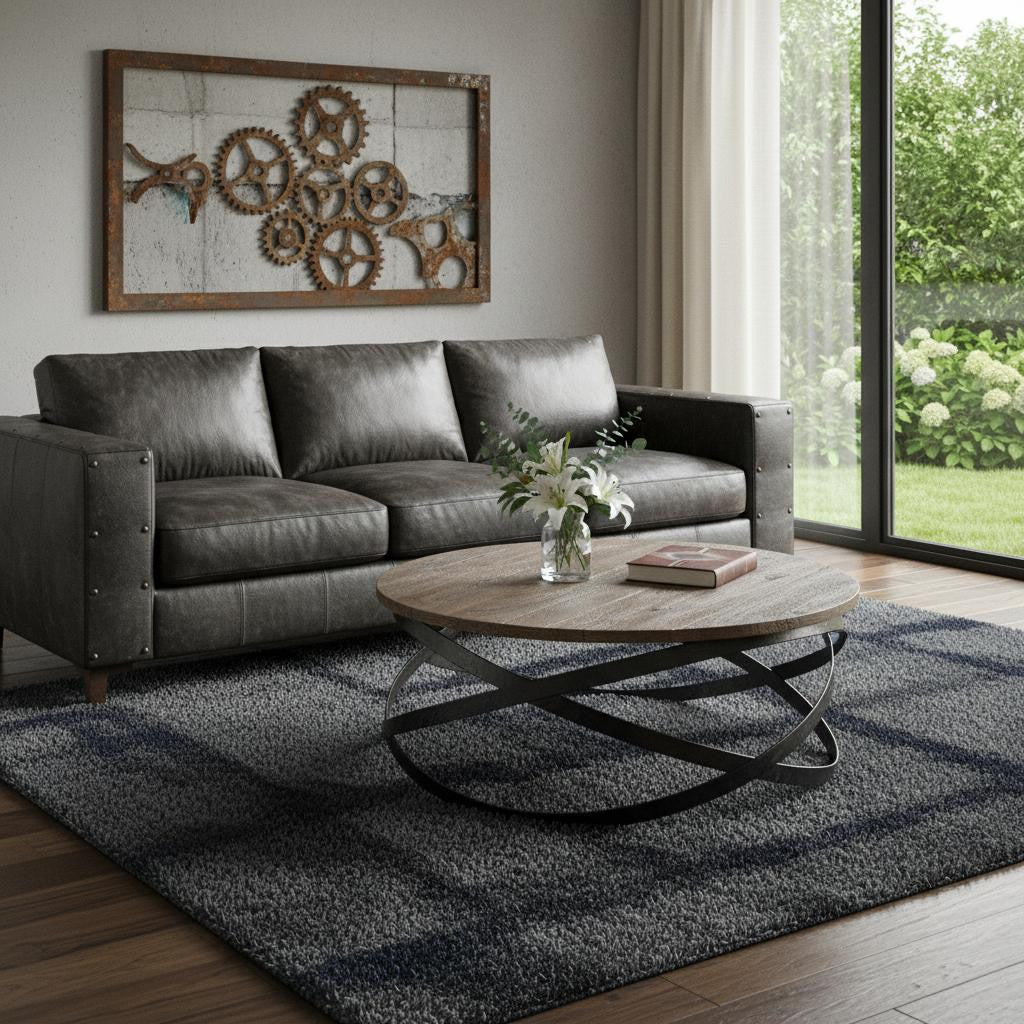 41" Brown and Black Solid Wood and Metal Round Coffee Table - Living Room