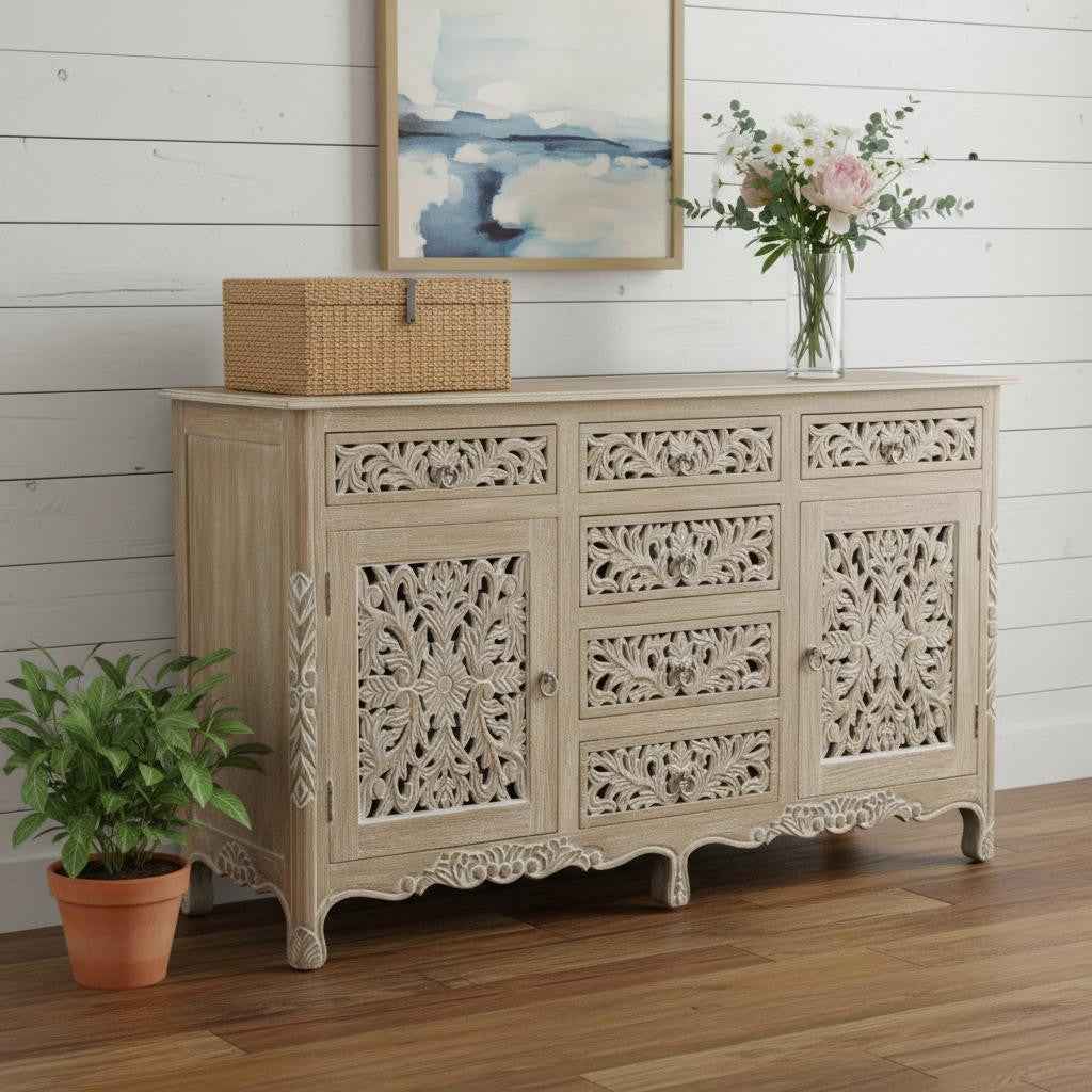 66" Gray Distressed Solid Wood Carved Floral Six Drawer Sideboard with Two Doors