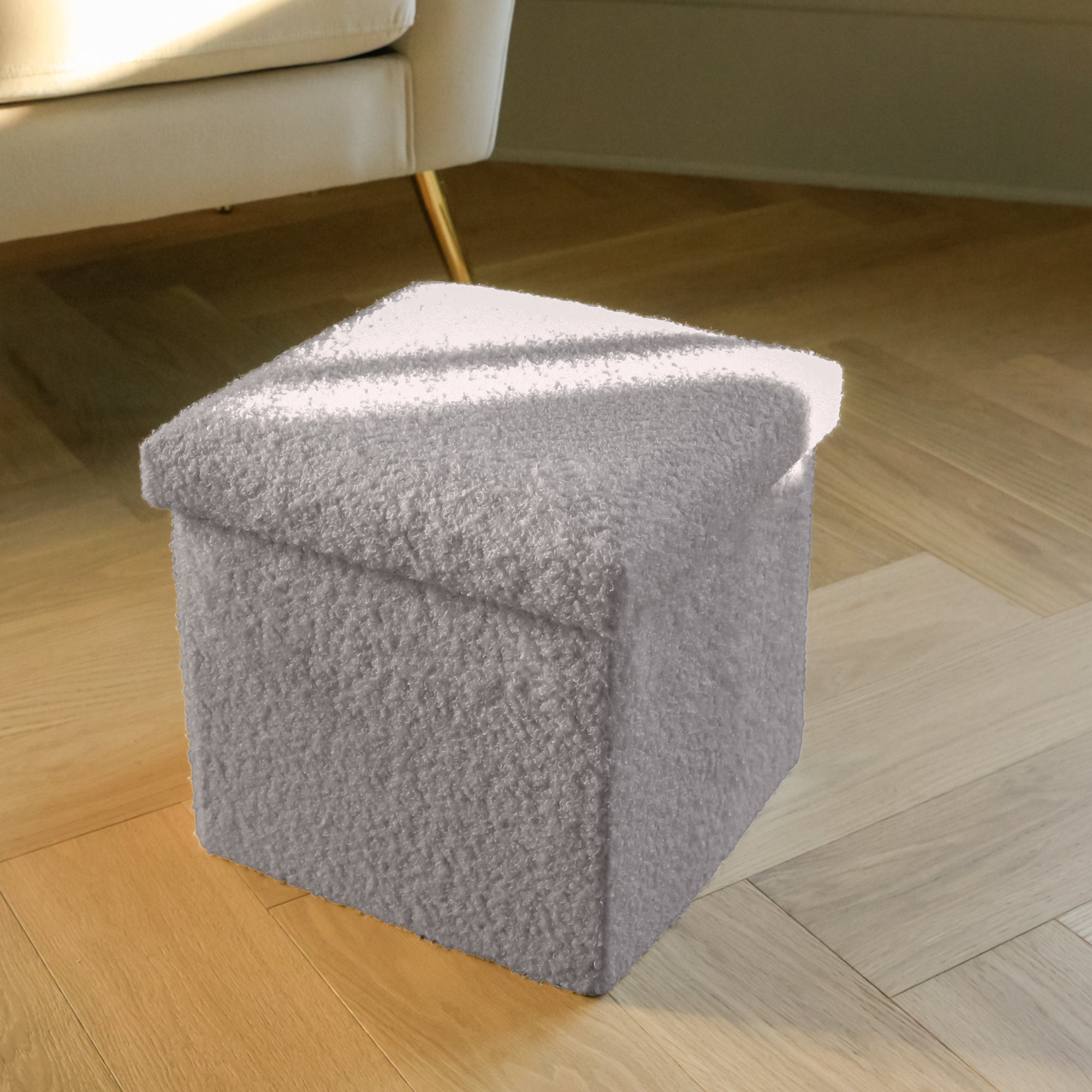 12" Gray Boucle Cube Ottoman With Storage - Living Room