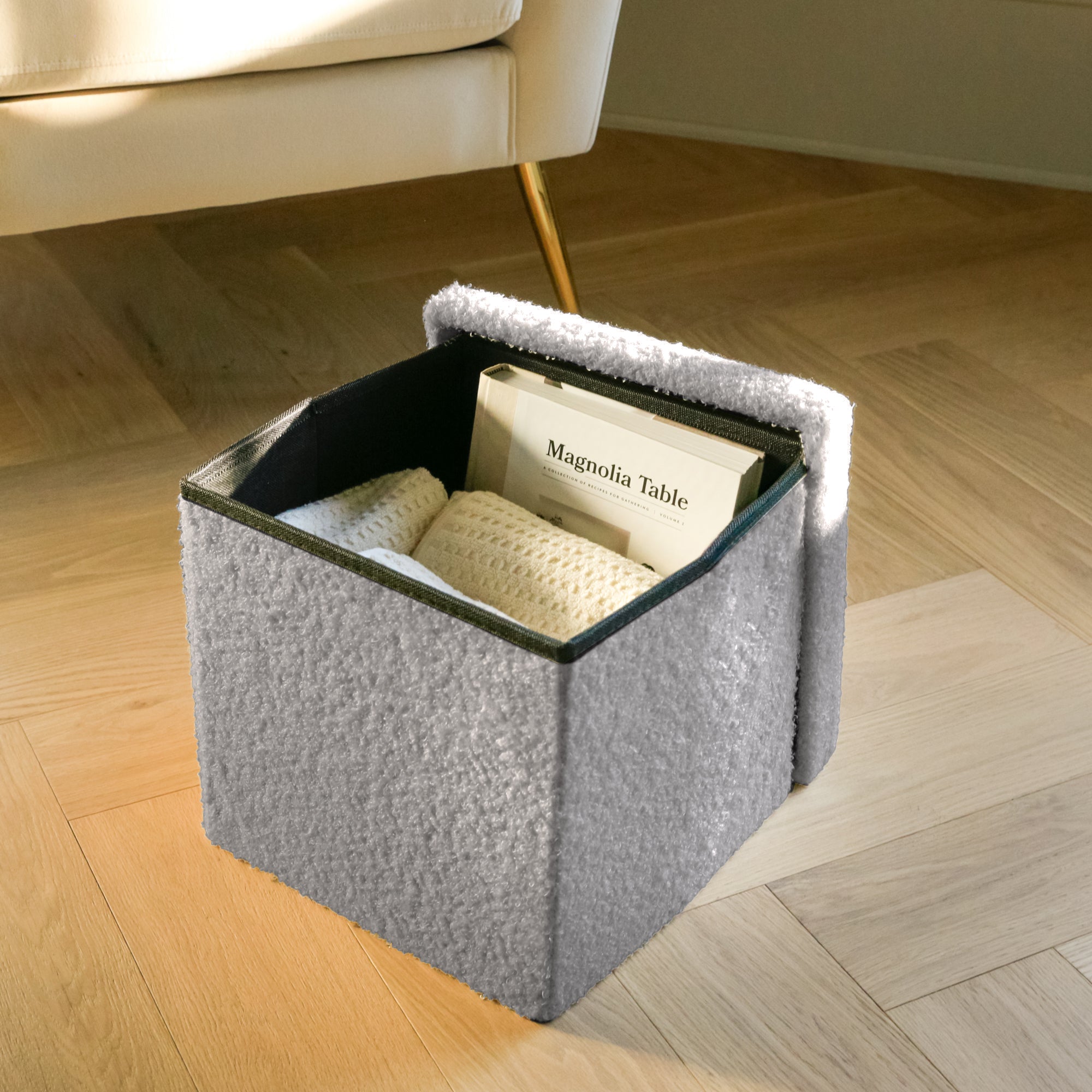 12" Gray Boucle Cube Ottoman With Storage - Living Room