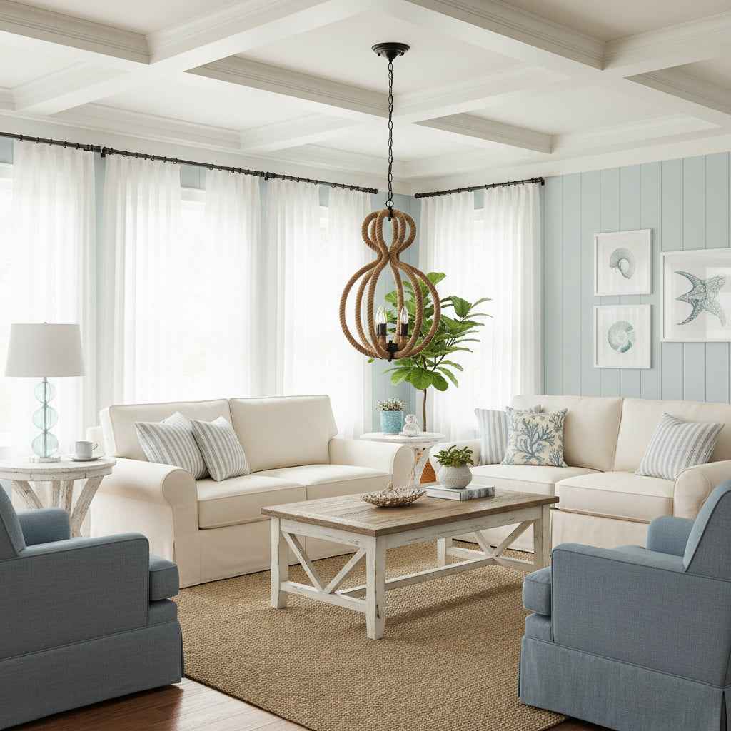 Natural and Black Iron and Rope Three Light Ceiling Light