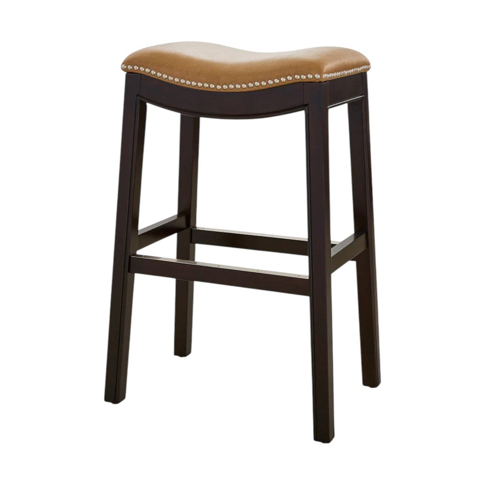 31" Tan and Espresso Faux Leather and Solid Wood Backless Counter Height Bar Chair Default Title
