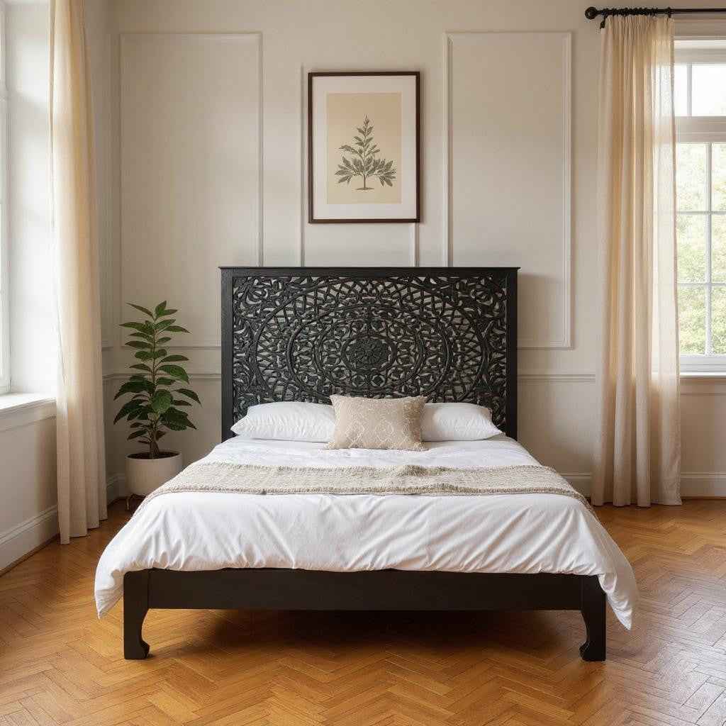 Black Carved Floral Distressed Solid Wood King Bed Frame