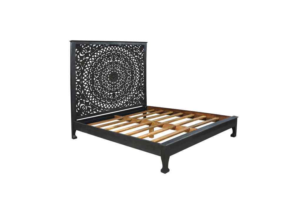 Black Carved Floral Distressed Solid Wood King Bed Frame