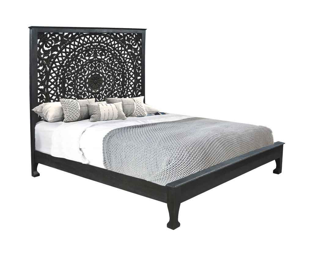 Black Carved Floral Distressed Solid Wood King Bed Frame