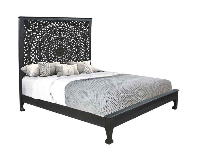 Black Carved Floral Distressed Solid Wood King Bed Frame