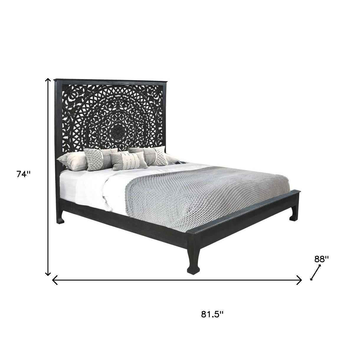 Black Carved Floral Distressed Solid Wood King Bed Frame