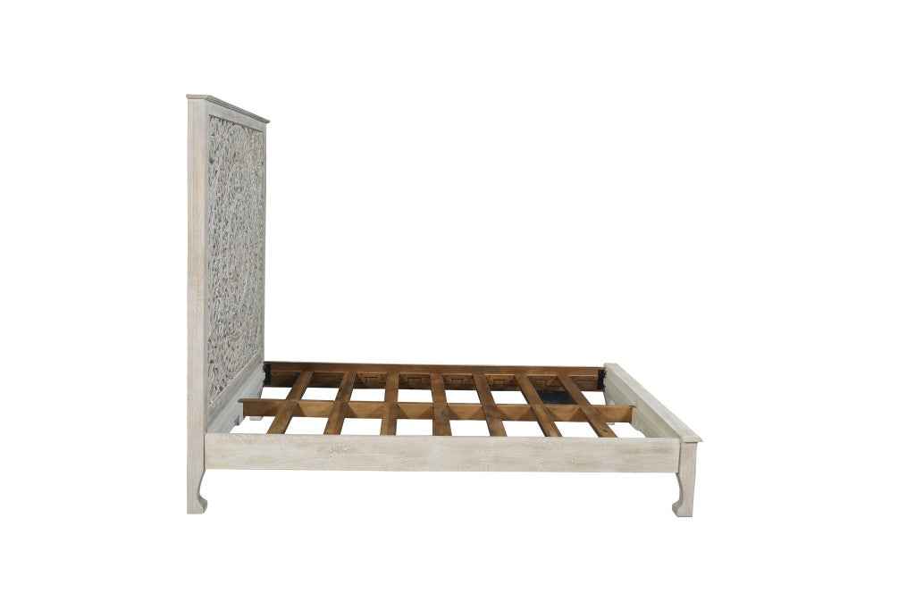 White Carved Floral Distressed Solid Wood Queen Bed Frame