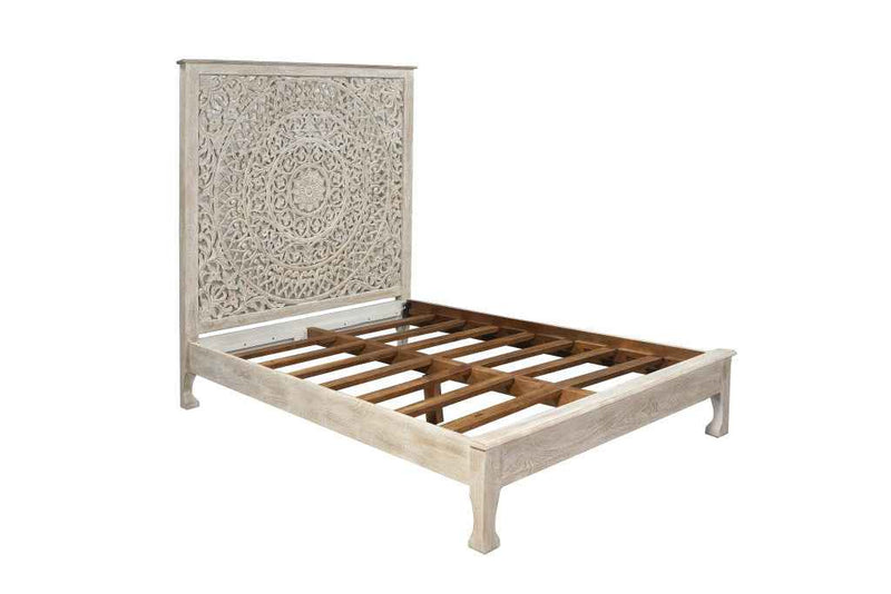 White Carved Floral Distressed Solid Wood Queen Bed Frame