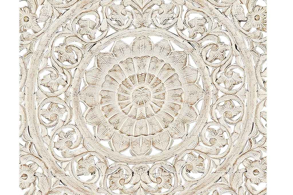 White Carved Floral Distressed Solid Wood King Bed Frame