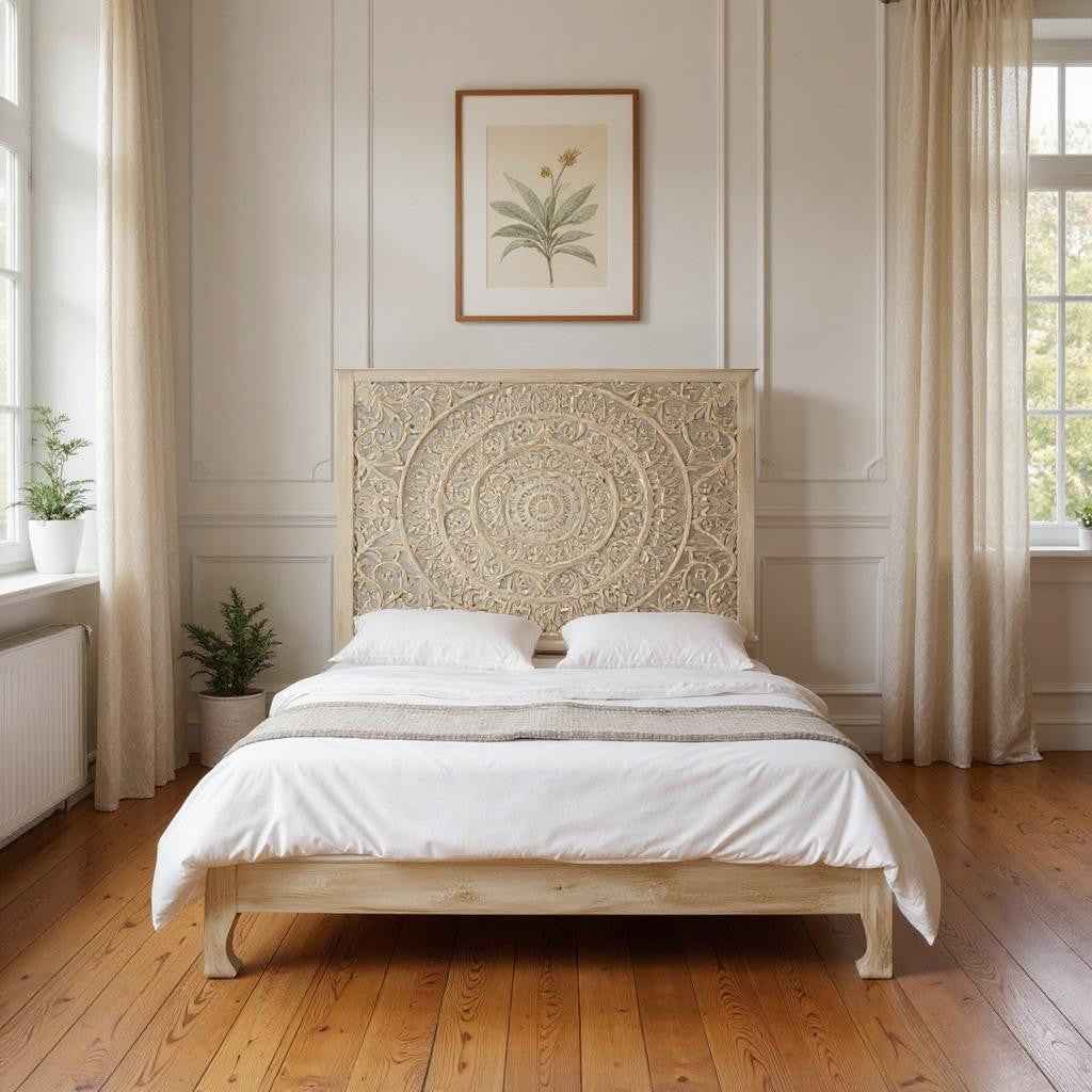 White Carved Floral Distressed Solid Wood King Bed Frame