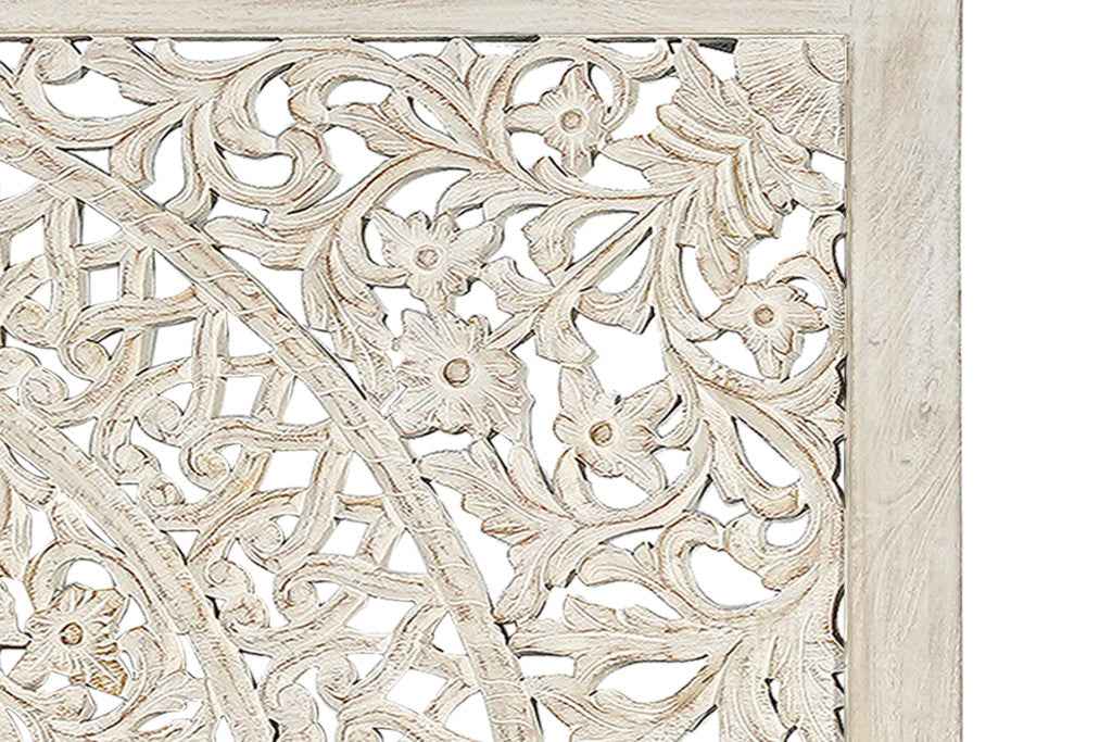 White Carved Floral Distressed Solid Wood King Bed Frame