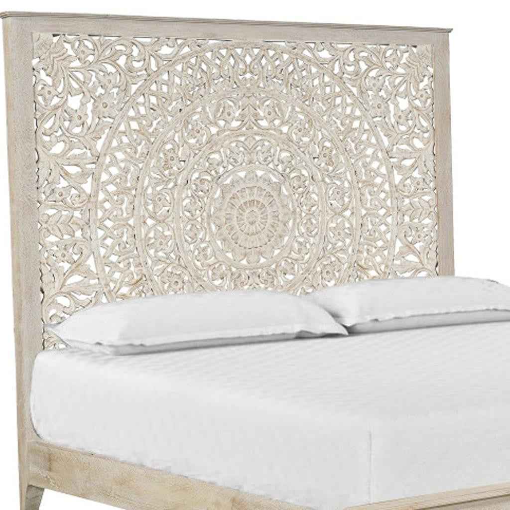 White Carved Floral Distressed Solid Wood King Bed Frame