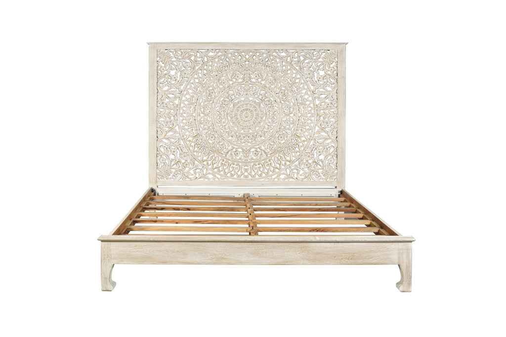 White Carved Floral Distressed Solid Wood King Bed Frame