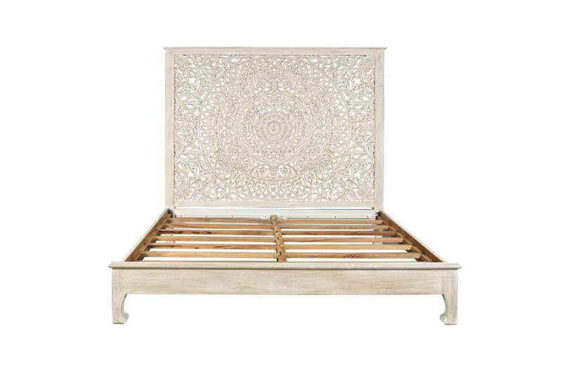 White Carved Floral Distressed Solid Wood King Bed Frame