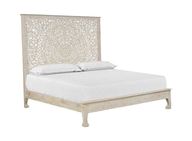 White Carved Floral Distressed Solid Wood King Bed Frame