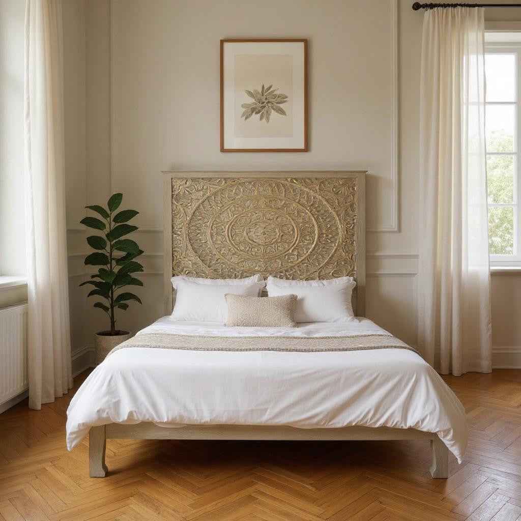 Gray Carved Floral Distressed Solid Wood King Bed Frame