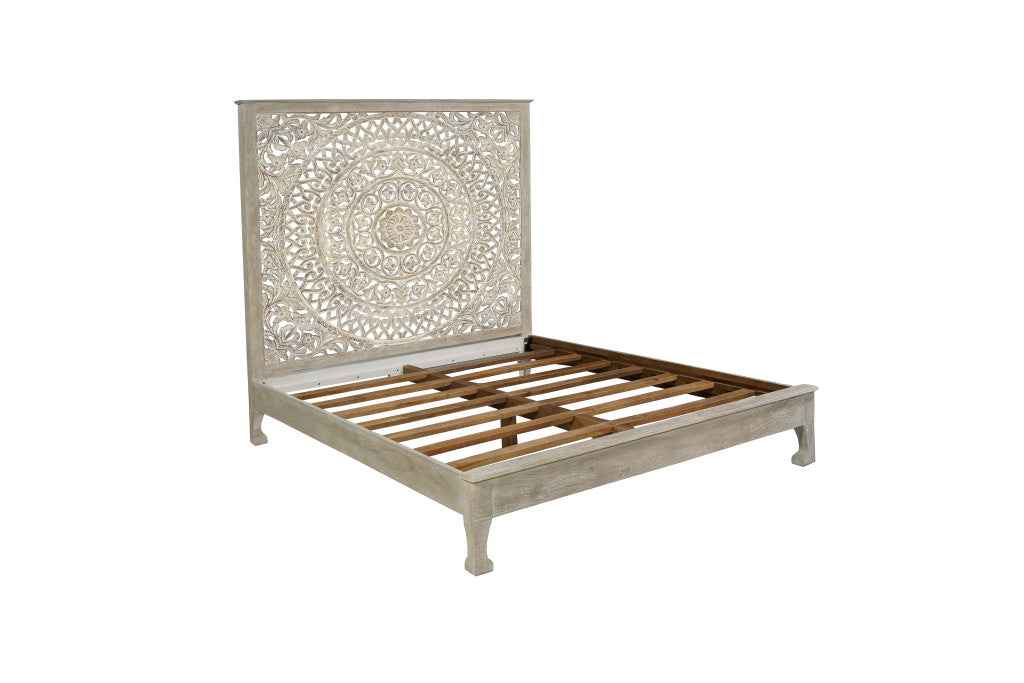 Gray Carved Floral Distressed Solid Wood King Bed Frame