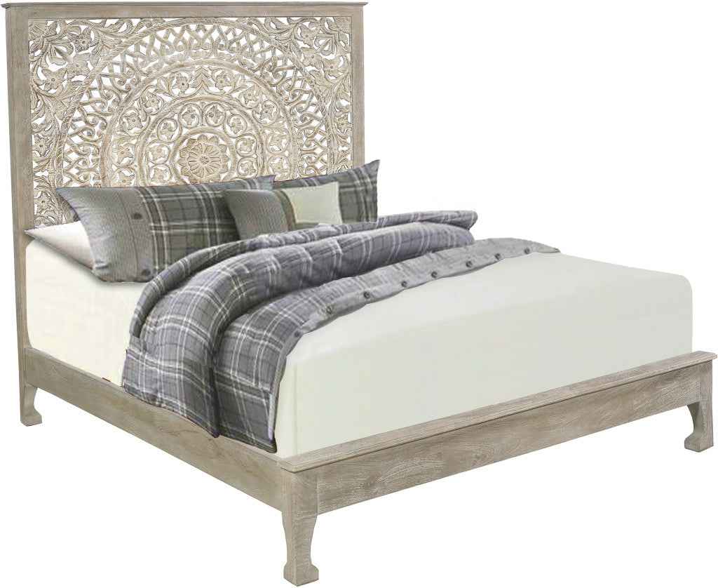 Gray Carved Floral Distressed Solid Wood King Bed Frame
