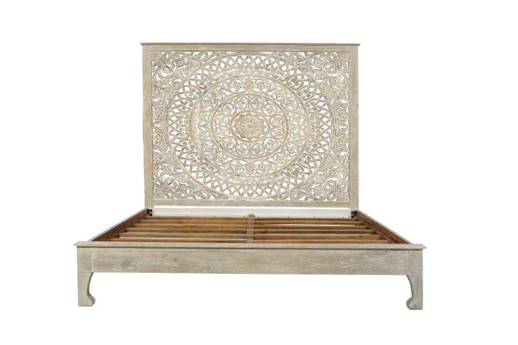 Gray Carved Floral Distressed Solid Wood King Bed Frame