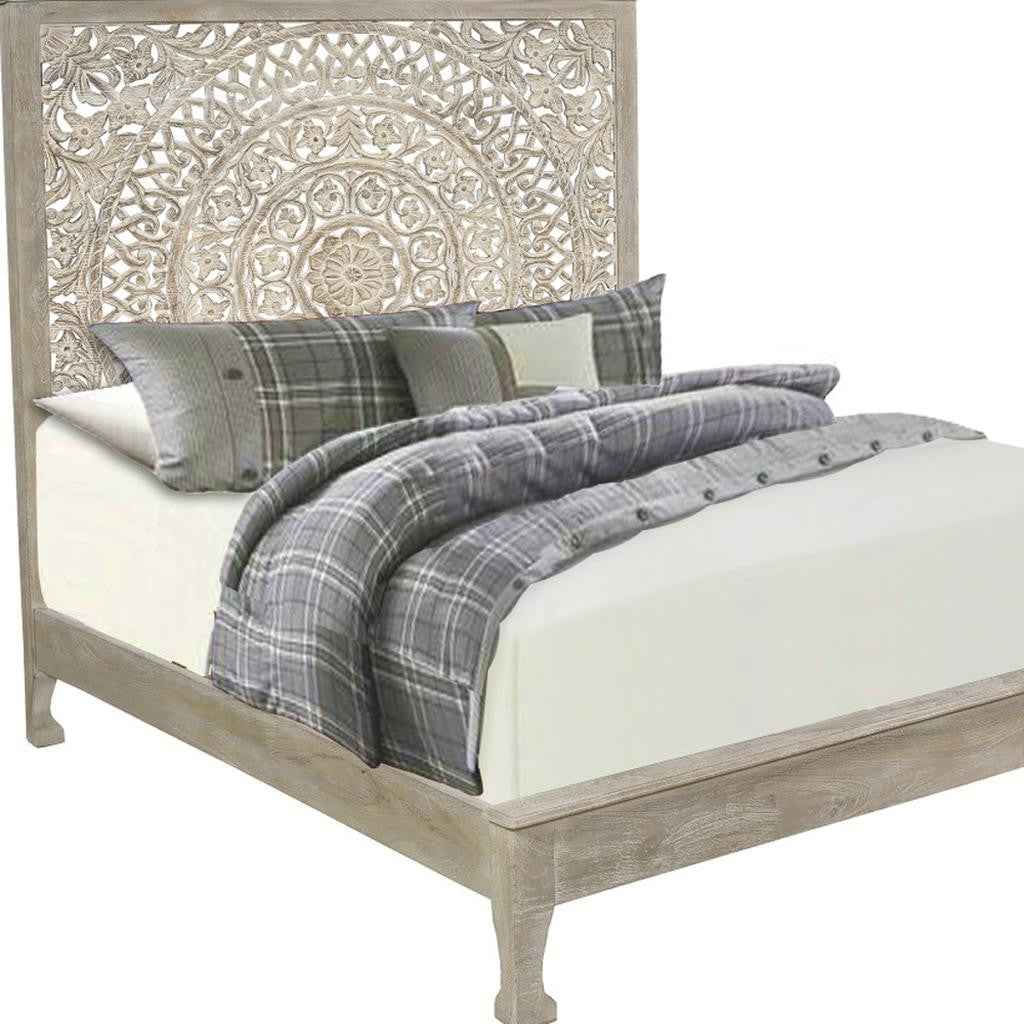 Gray Carved Floral Distressed Solid Wood King Bed Frame