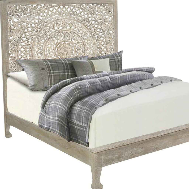 Gray Carved Floral Distressed Solid Wood King Bed Frame