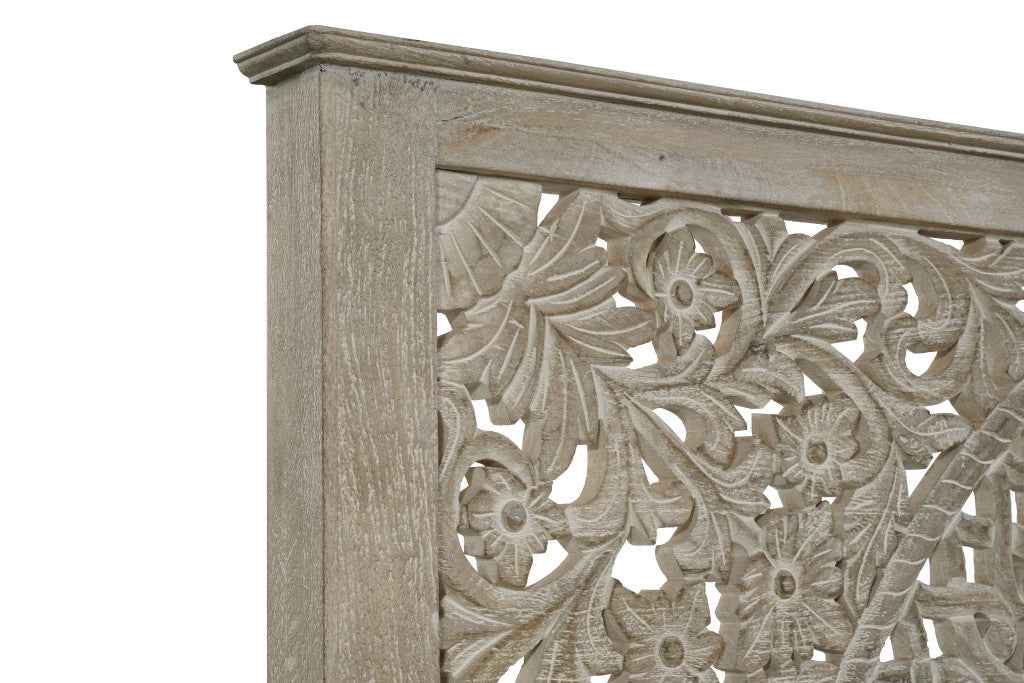 Gray Carved Floral Distressed Solid Wood King Bed Frame