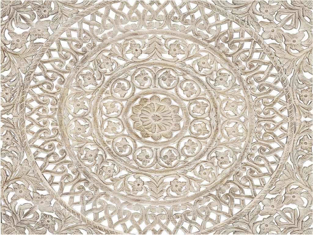 Gray Carved Floral Distressed Solid Wood King Bed Frame