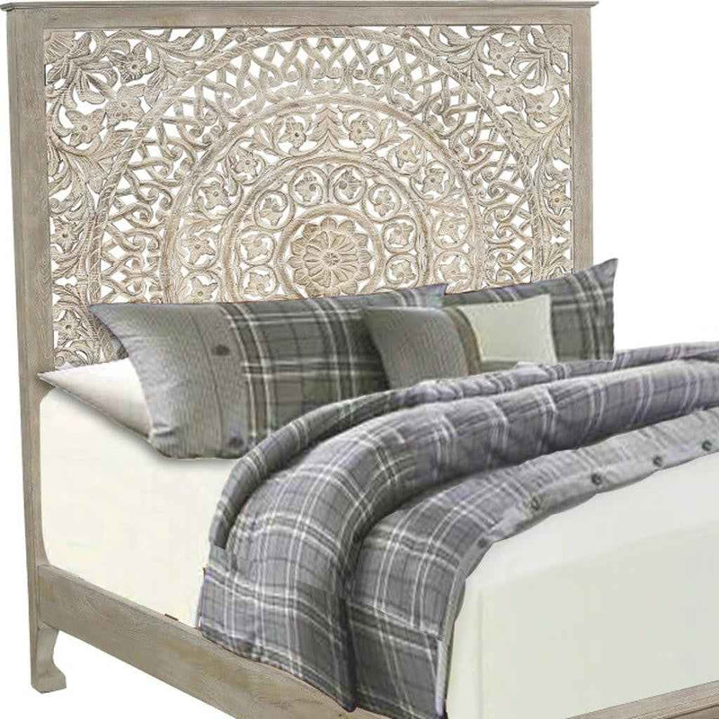 Gray Carved Floral Distressed Solid Wood King Bed Frame