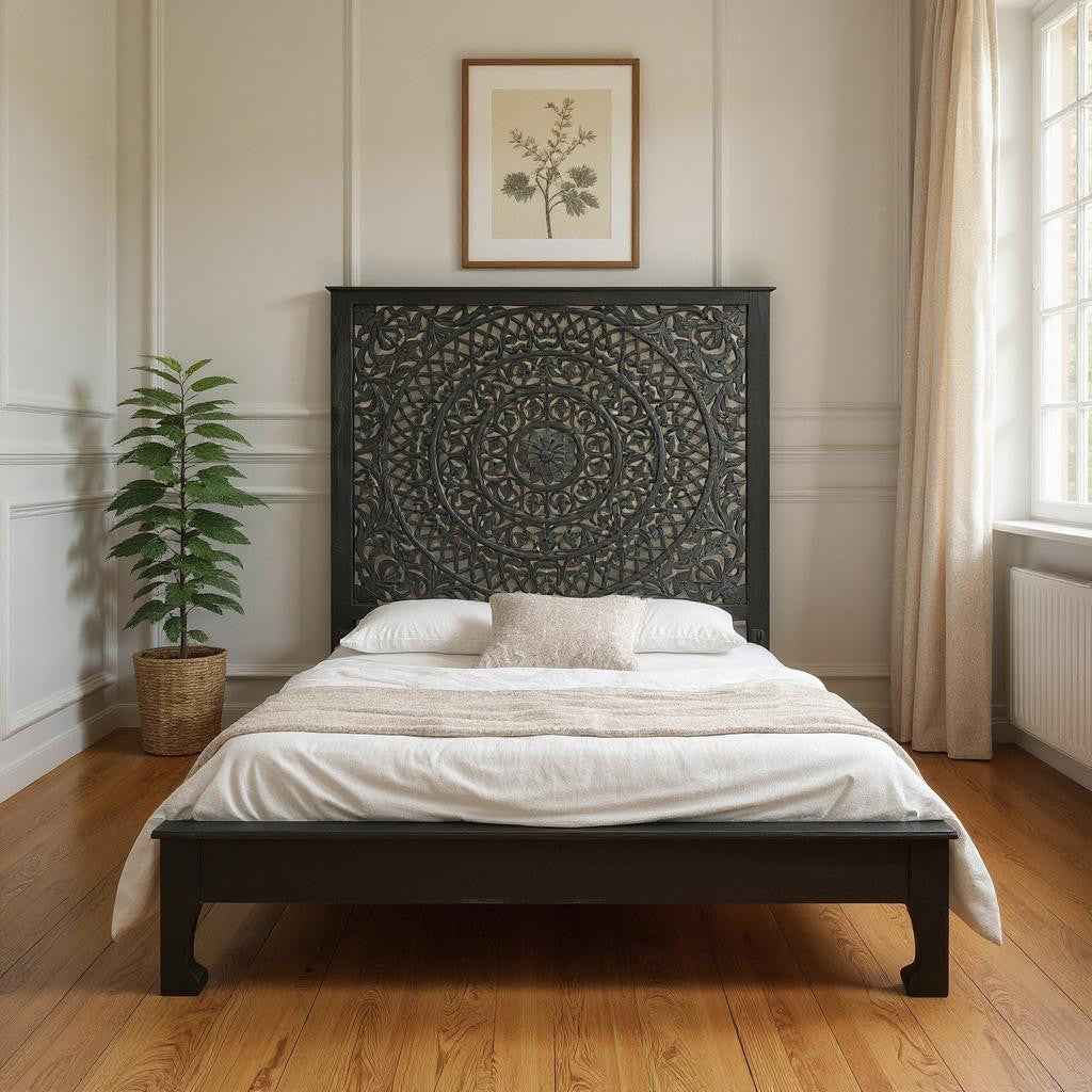 Black Carved Floral Distressed Solid Wood Queen Bed Frame