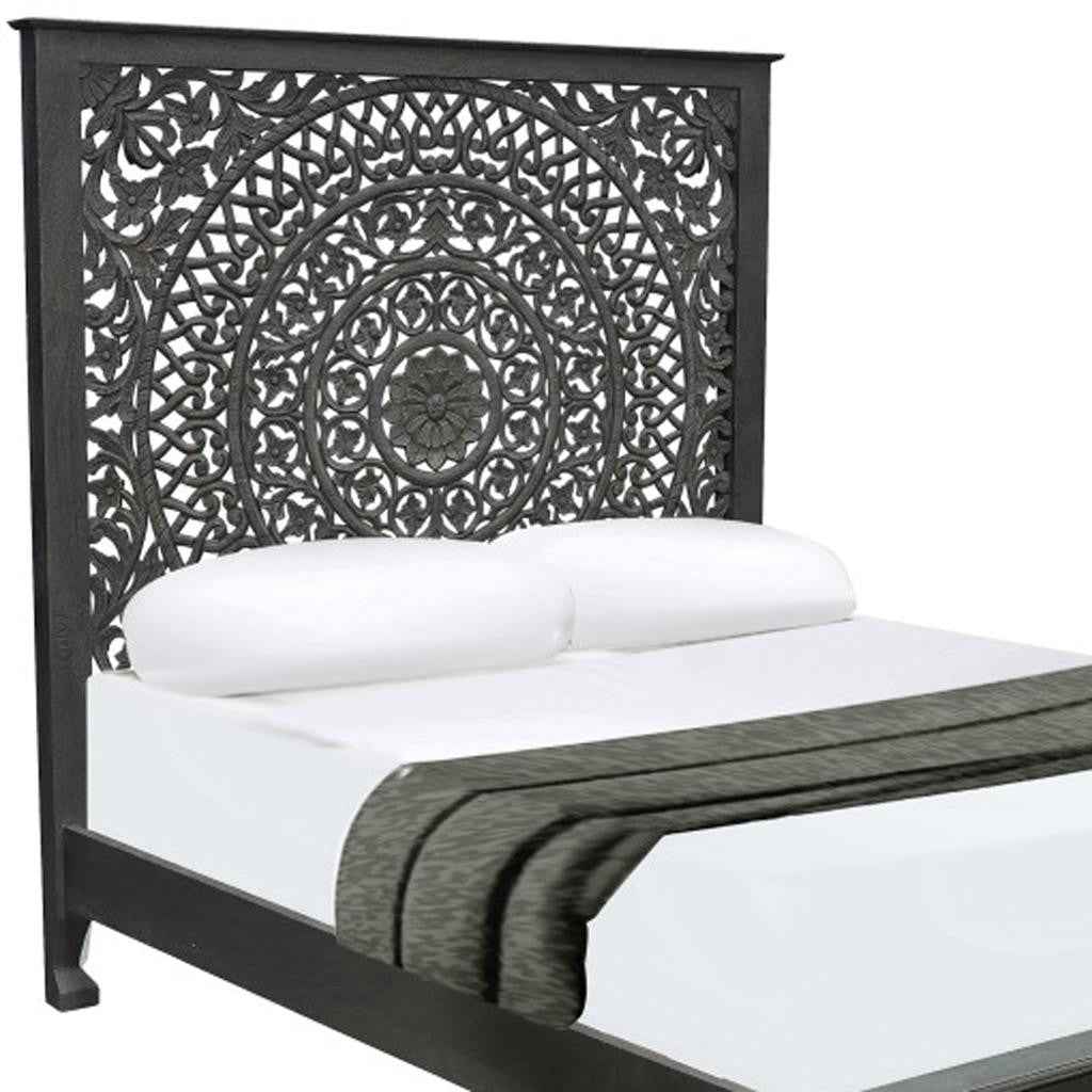 Black Carved Floral Distressed Solid Wood Queen Bed Frame
