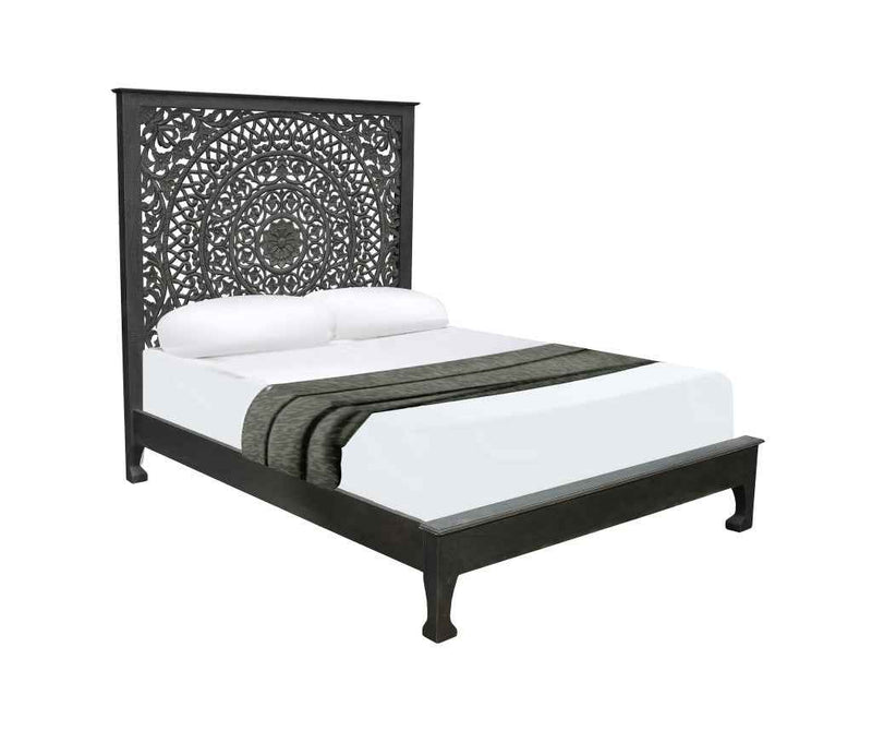 Black Carved Floral Distressed Solid Wood Queen Bed Frame
