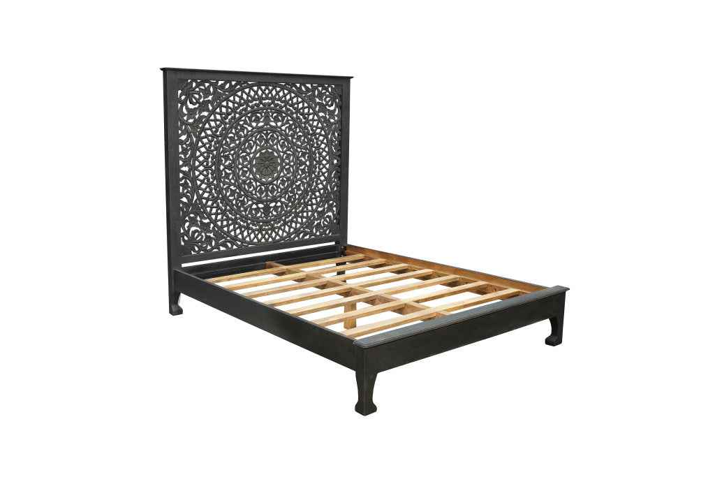 Black Carved Floral Distressed Solid Wood Queen Bed Frame