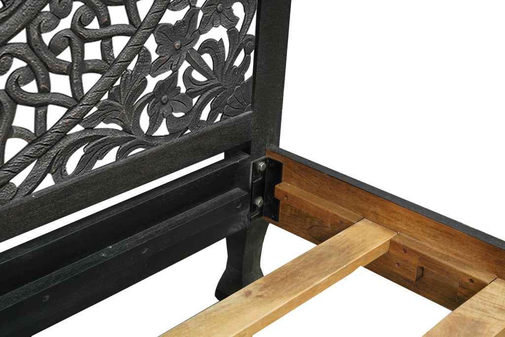 Black Carved Floral Distressed Solid Wood Queen Bed Frame