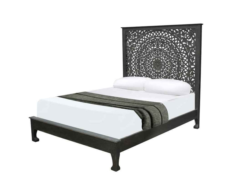 Black Carved Floral Distressed Solid Wood Queen Bed Frame