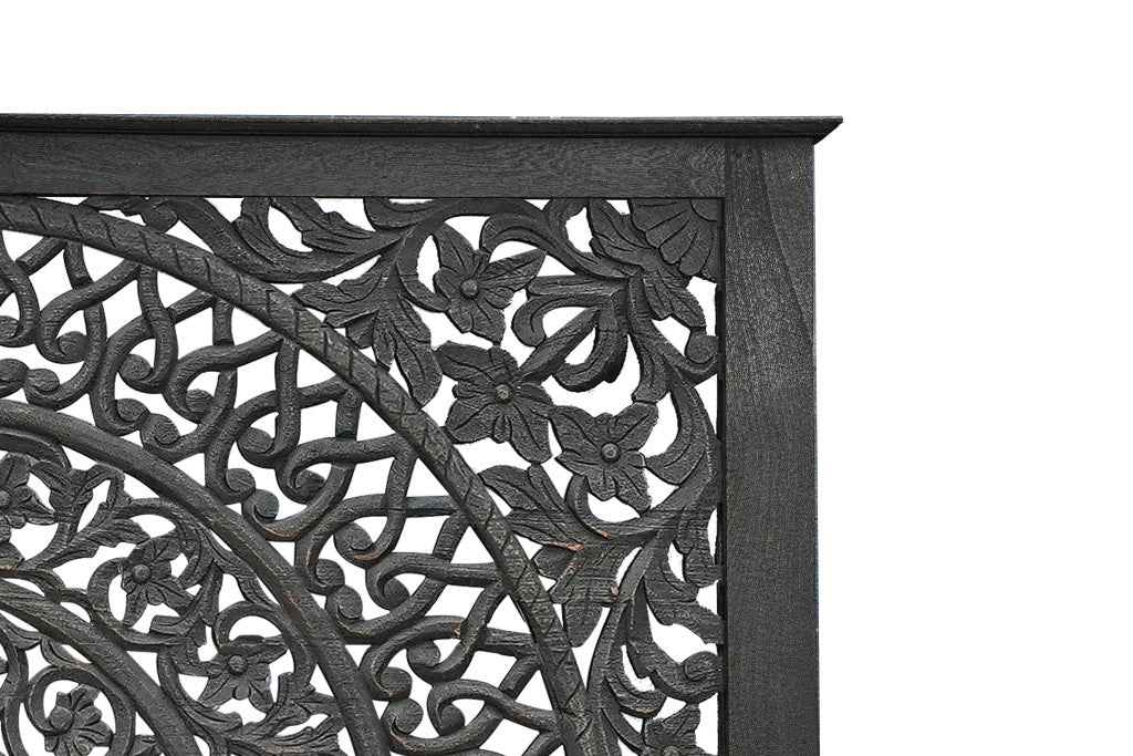 Black Carved Floral Distressed Solid Wood Queen Bed Frame