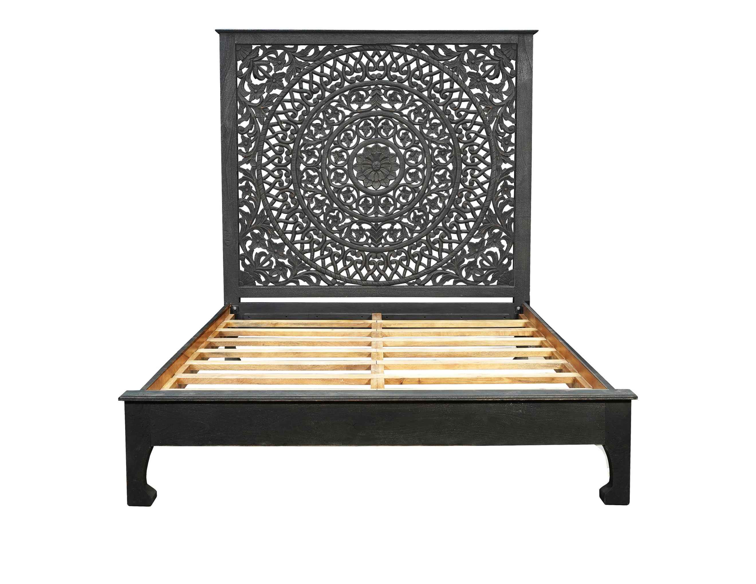 Black Carved Floral Distressed Solid Wood Queen Bed Frame