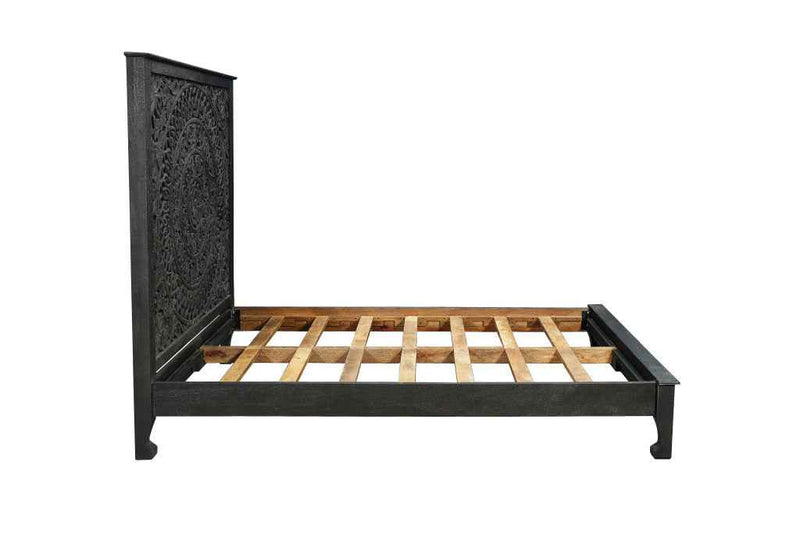 Black Carved Floral Distressed Solid Wood Queen Bed Frame