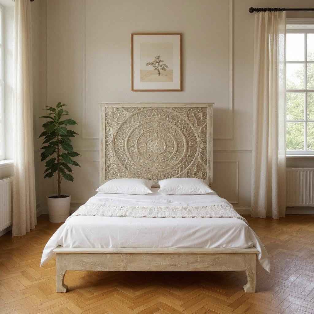 Gray Carved Floral Distressed Solid Wood Queen Bed Frame