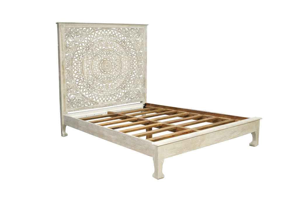 Gray Carved Floral Distressed Solid Wood Queen Bed Frame