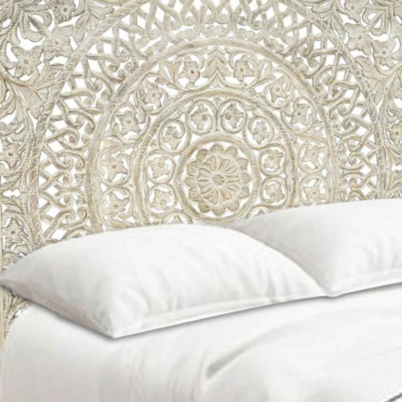 Gray Carved Floral Distressed Solid Wood Queen Bed Frame